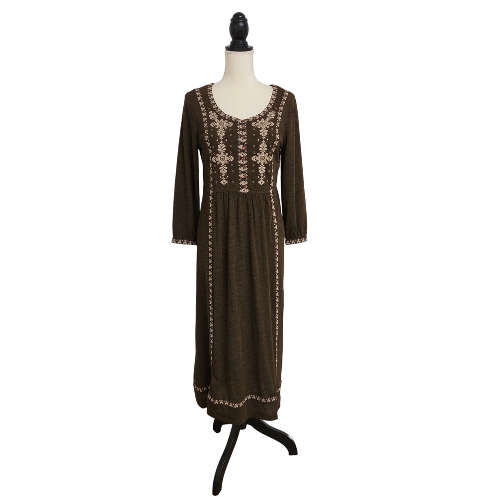 NWT Sweet Magnolia Brown Embroidered Beaded Boho Peasant Midi Dress Size S